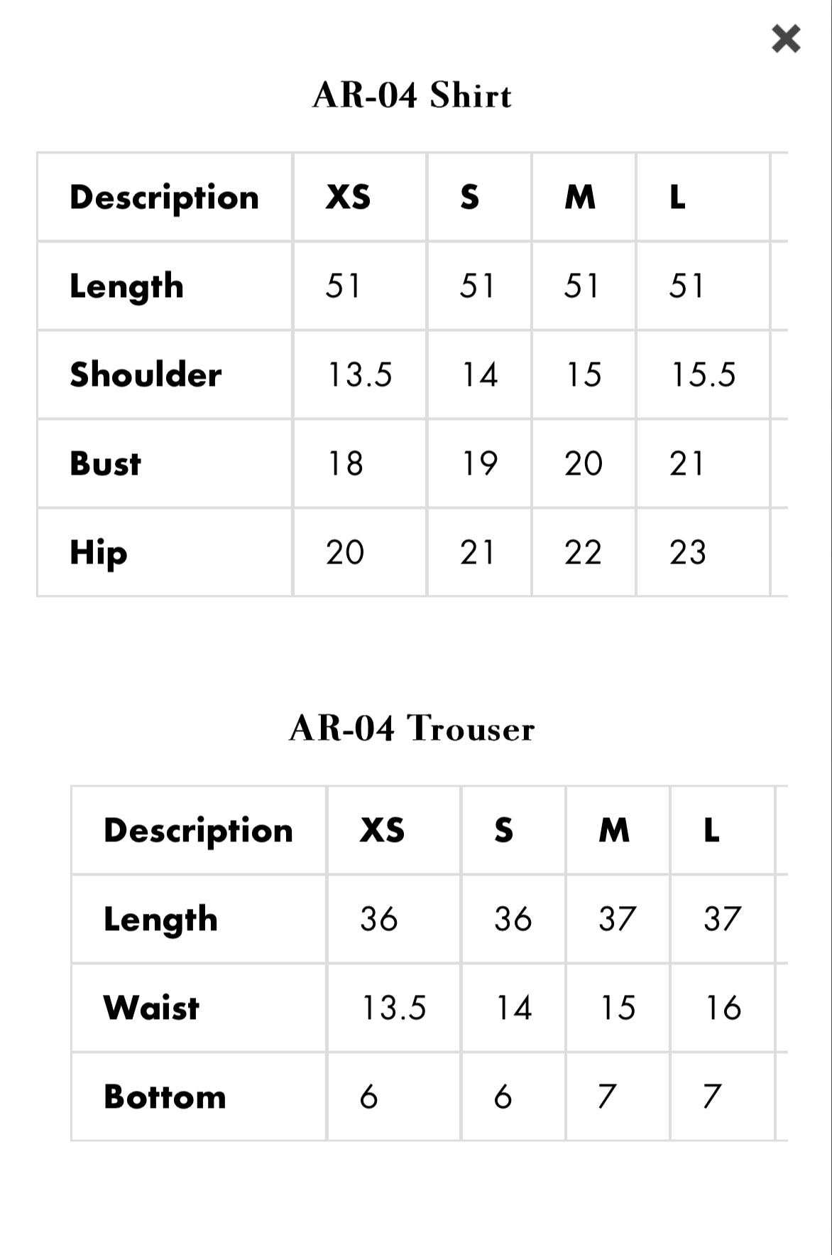 Aroha Luxury Formal -04 shirt size chart with measurements for XS to XXL.