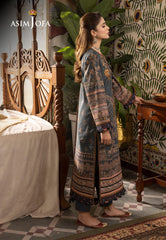 Side view showing digital print motifs and embroidered sleeves