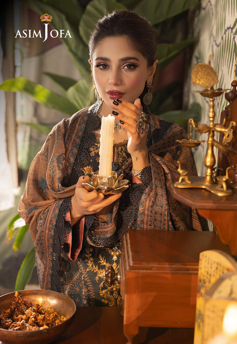 Model wearing Asim Jofa AJNR-05 teal blue embroidered suit from Rania Collection