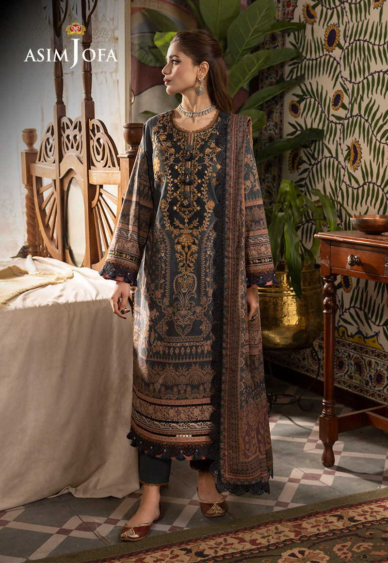 Model wearing Asim Jofa AJNR-05 teal blue embroidered suit from Rania Collection