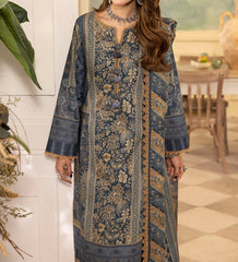 Front view of cadet blue embroidered cambric shirt with digital autumn motifs and moonlight dupatta