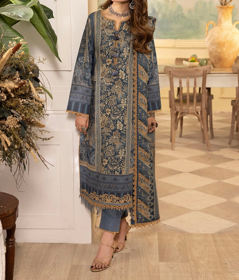 Front view of cadet blue embroidered cambric shirt with digital autumn motifs and moonlight dupatta