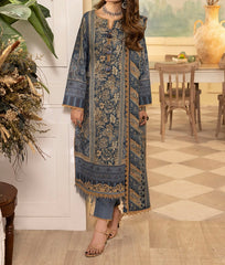 Front view of cadet blue embroidered cambric shirt with digital autumn motifs and moonlight dupatta