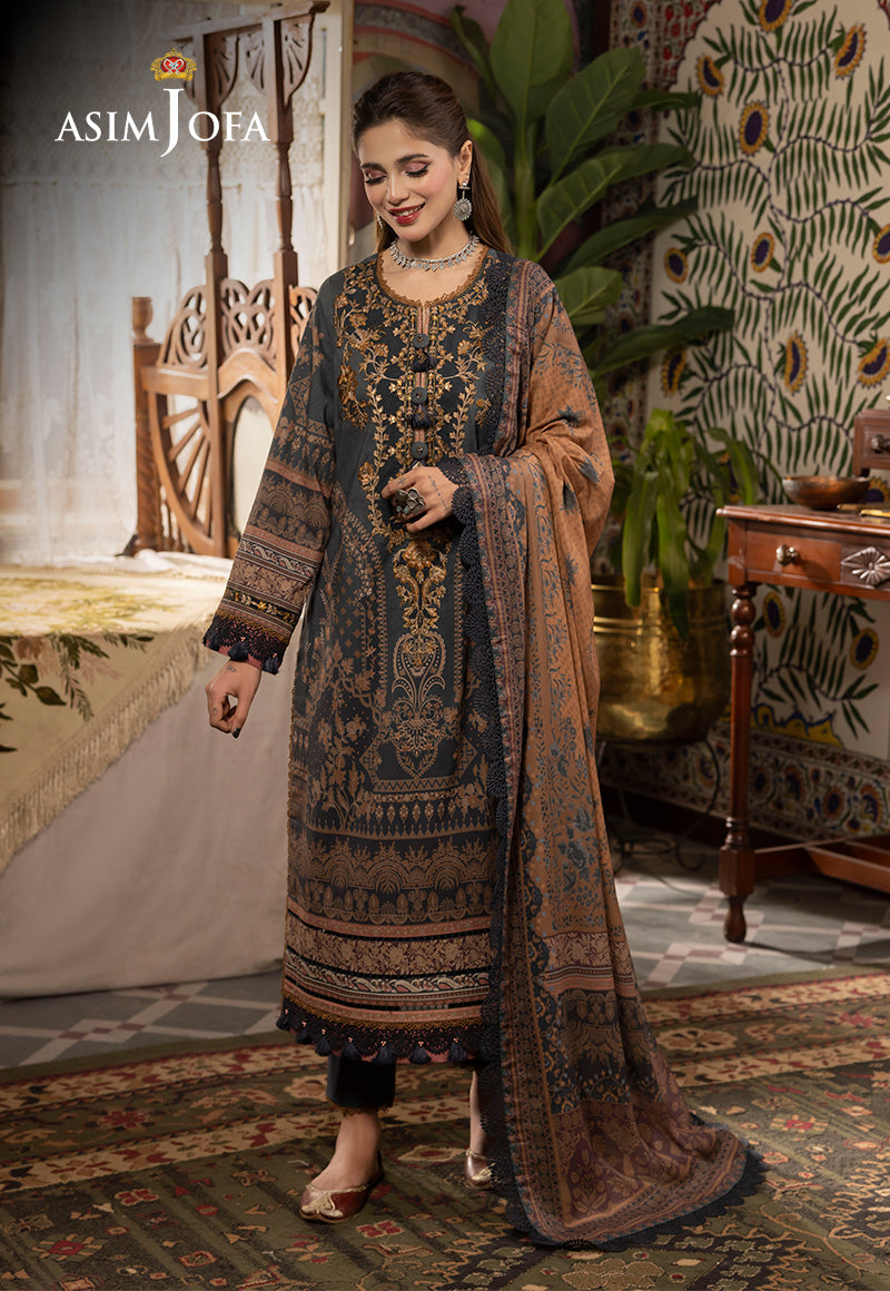 Asim Jofa Rania Collection AJNR-07 teal blue embroidered 3-piece cambric suit displayed on mannequin