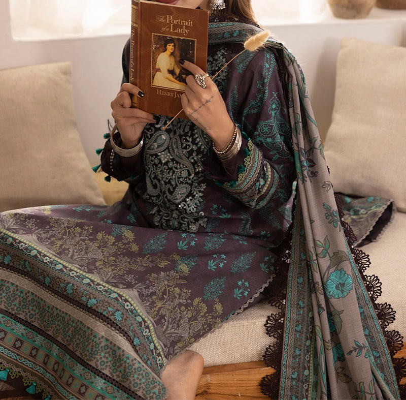 Model wearing Asim Jofa Rania Collection AJNR-08 emerald green embroidered suit