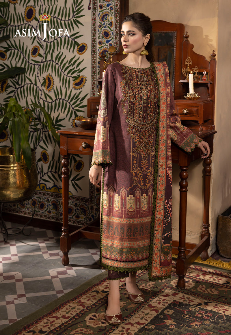 Front view of maroon embroidered cambric shirt with digital Mughal print and linen dupatta