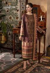 Front view of maroon embroidered cambric shirt with digital Mughal print and linen dupatta