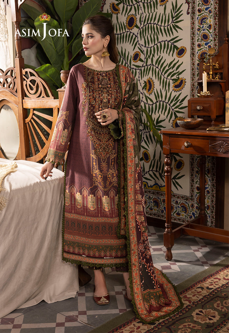 Model wearing dark maroon embroidered suit from Asim Jofa Collection