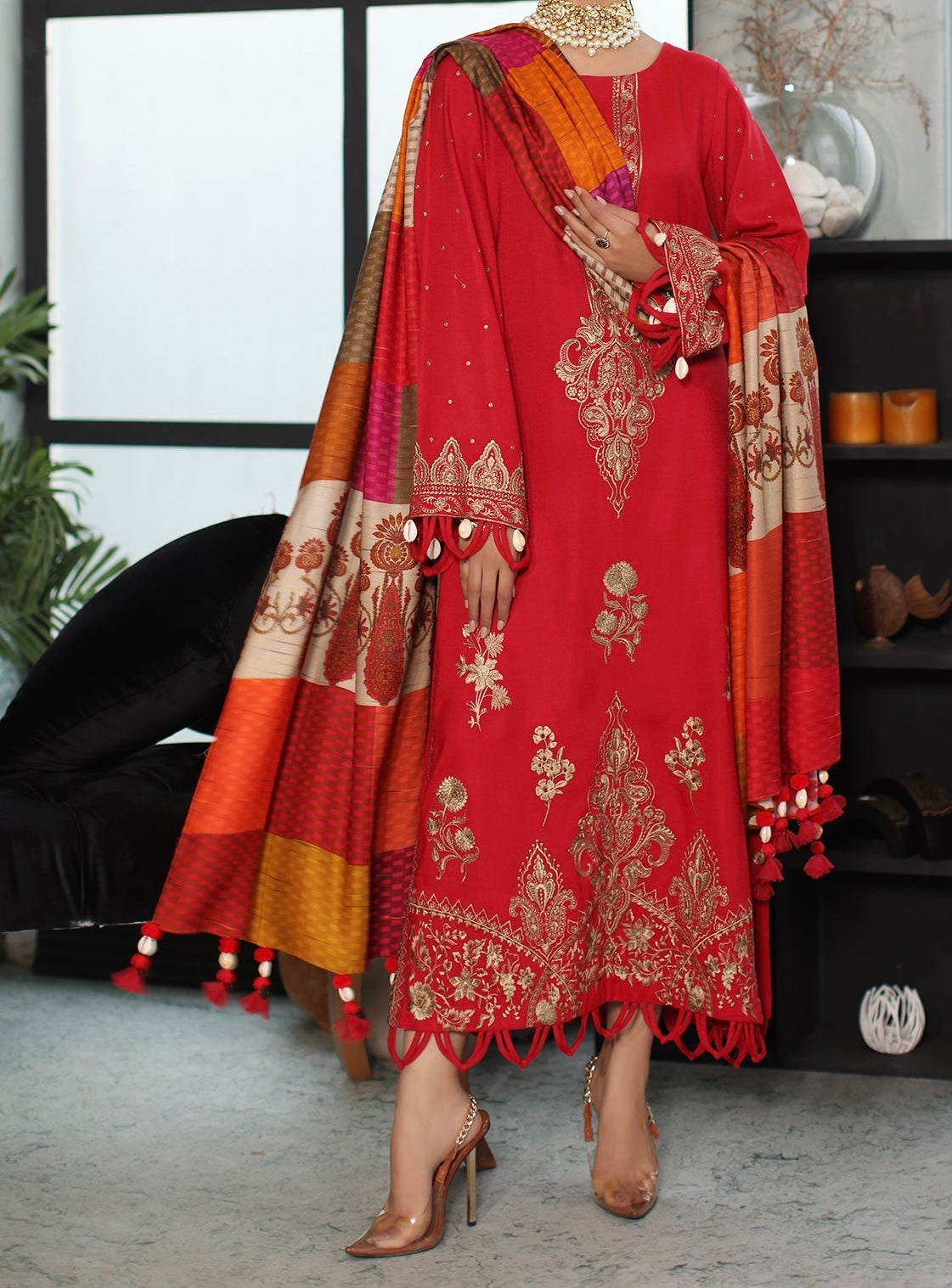 Front view of red embroidered leather 3-piece suit with printed wool shawl – Marina Mystique Winter Collection