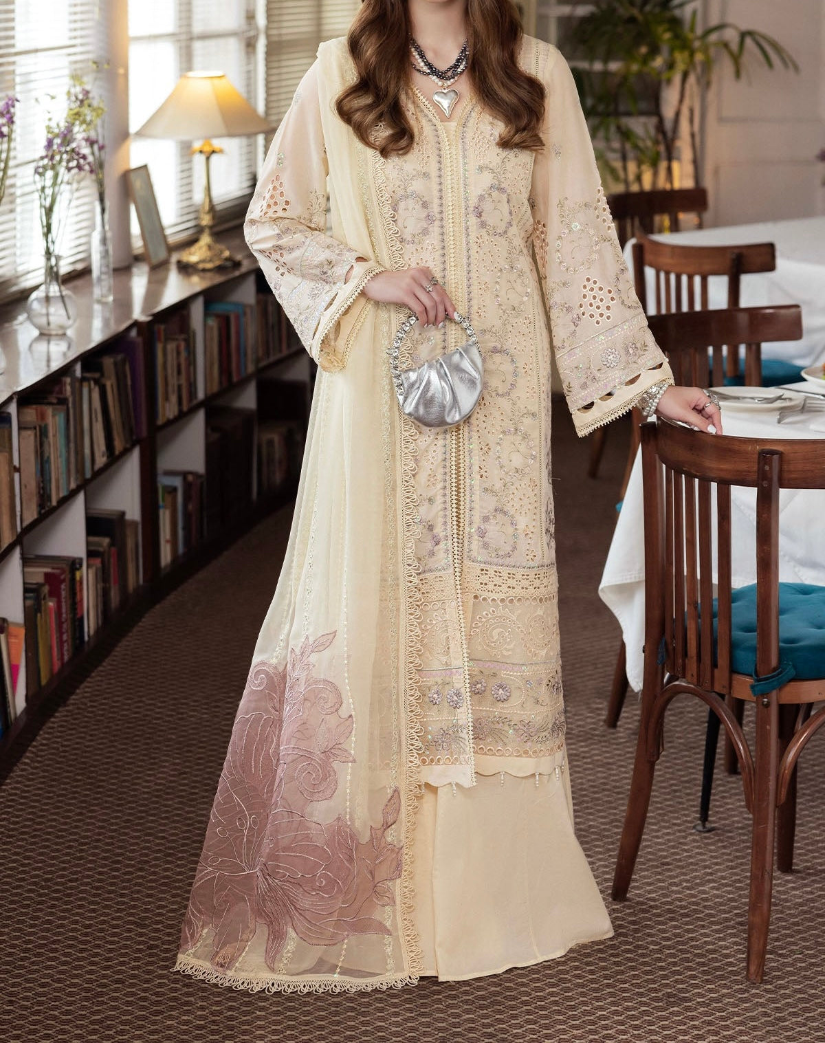 "Front view of Mademoiselle Swiss Lawn embroidered 3-piece luxury suit NE-8562 – elegant pastel design with detailed thread embroidery and chiffon dupatta by Marina Mystique