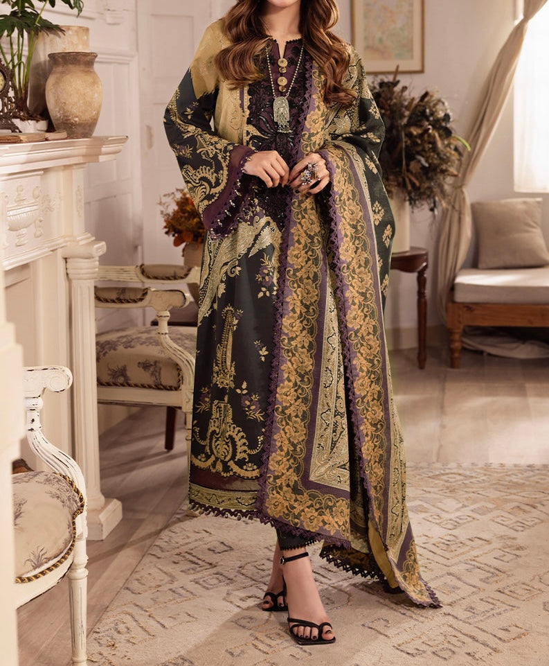 Front full view of embroidered black and gold traditional long dress – Marina Mystique