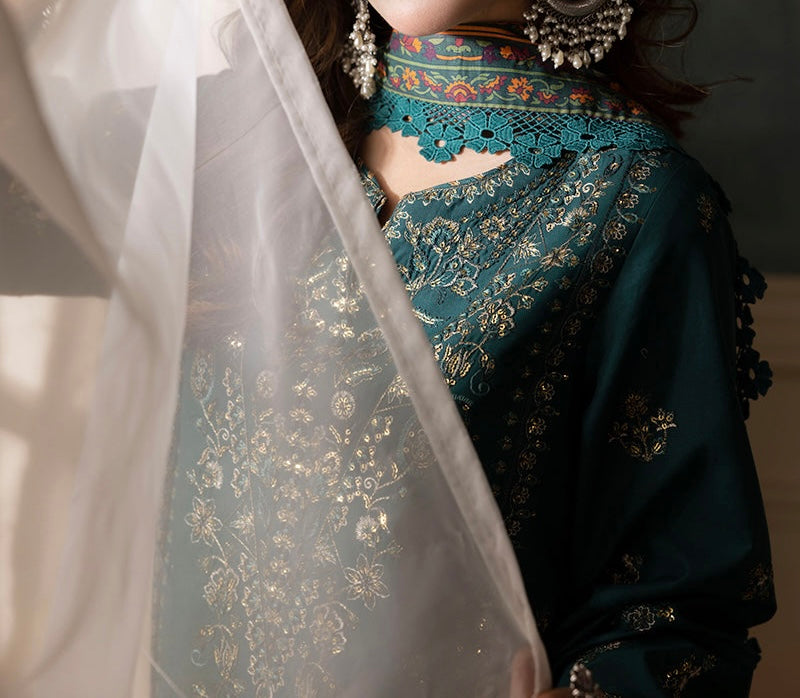 Front view of emerald green embroidered cambric suit with lawn dupatta – Marina Mystique