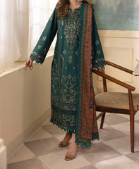 Front view of emerald green embroidered cambric suit with lawn dupatta – Marina Mystique