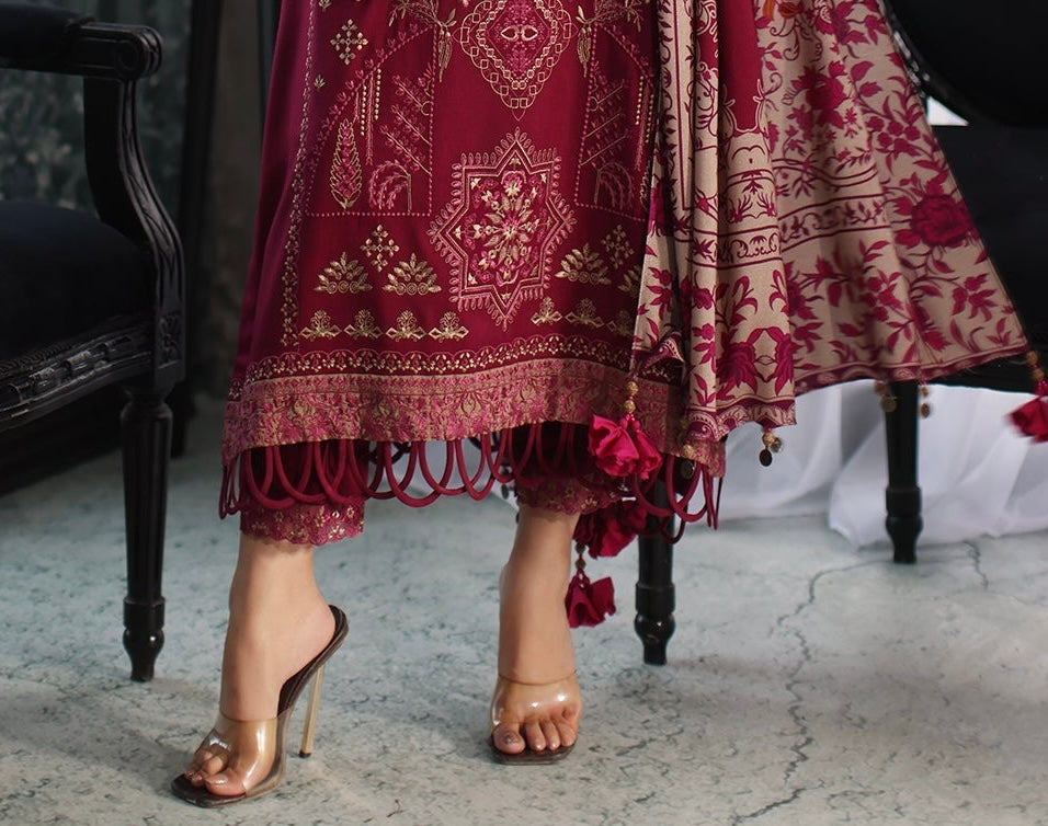 Close-up of detailed embroidery on maroon leather shirt border details – poshima-Marina Mystique Party Wear