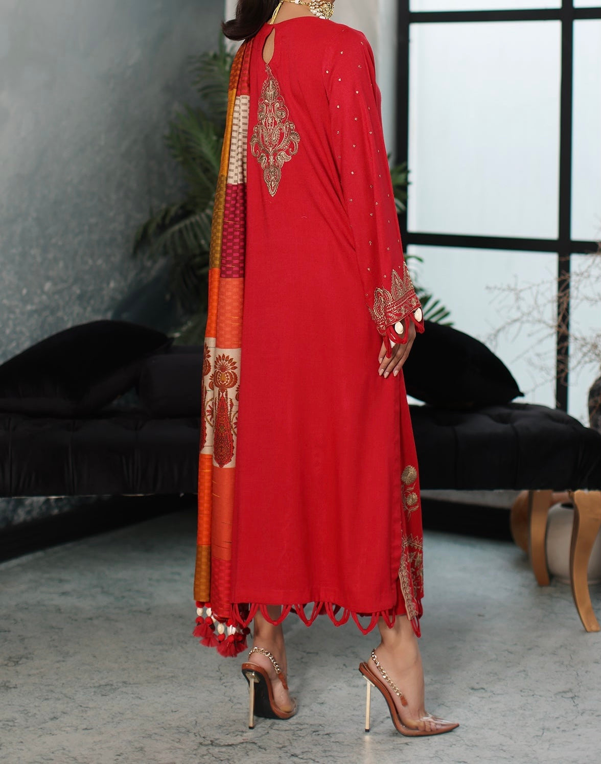 Back view of red embroidered leather stitched suit with jacquard wool shawl PS3-40-21