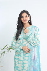 close up view of Nureh SP-115 Signature Lawn suit showing printed sea-green shirt with chiffon dupatta – breathable premium lawn outfit for summer wear.