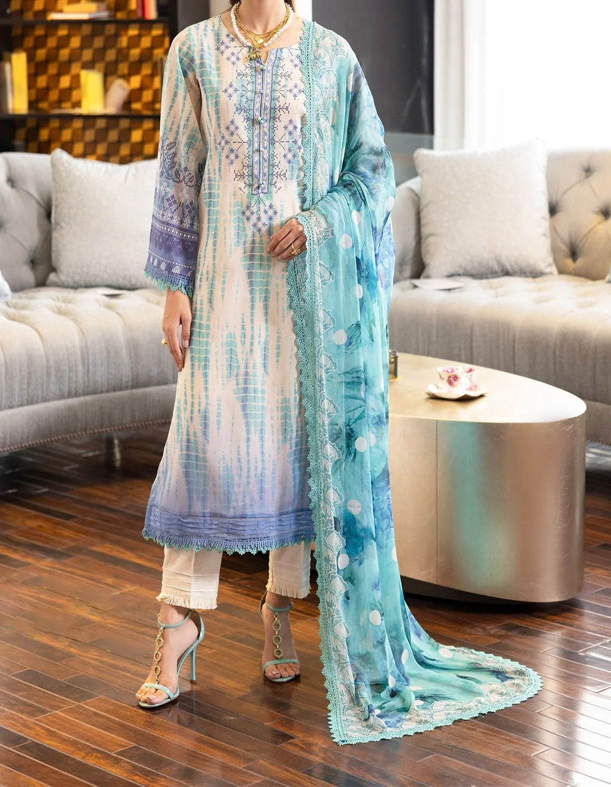 embroidered neckline, fabric texture, and lace detailing of Nureh SP-117 Signature Lawn 3-Piece Suit – premium Pakistani stitched law