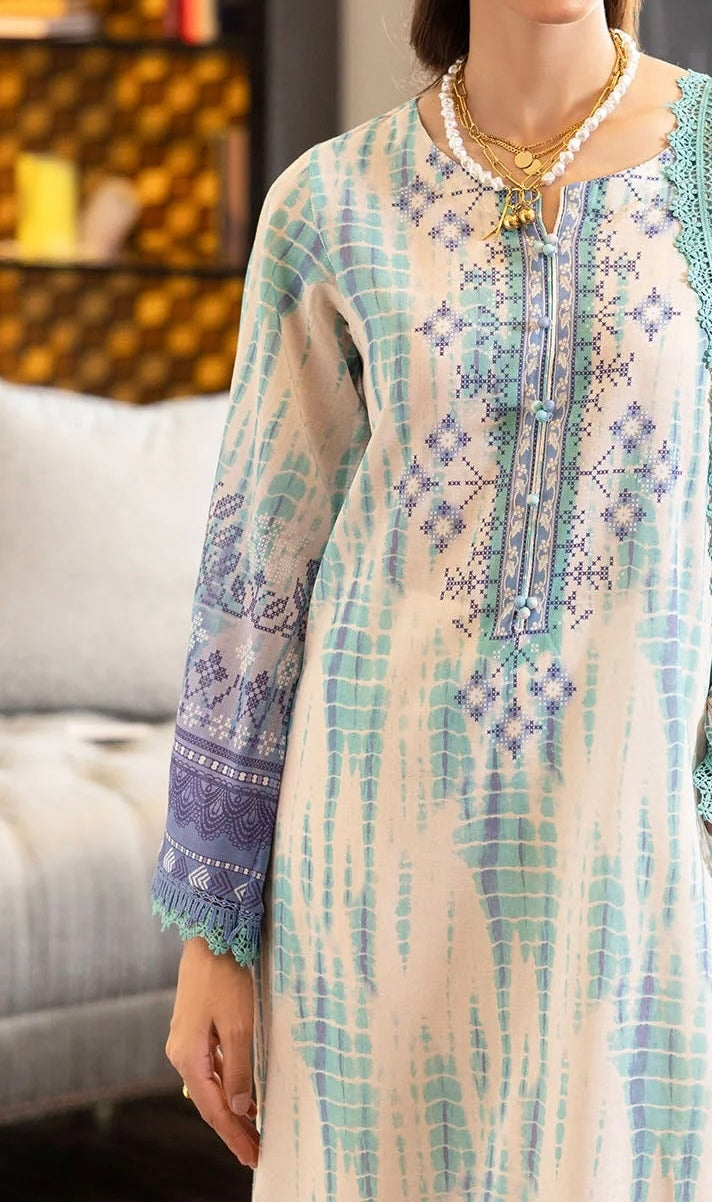 Close-up of embroidered neckline, fabric texture, and lace detailing of Nureh SP-117 Signature Lawn 3-Piece Suit – premium Pakistani stitched lawn.