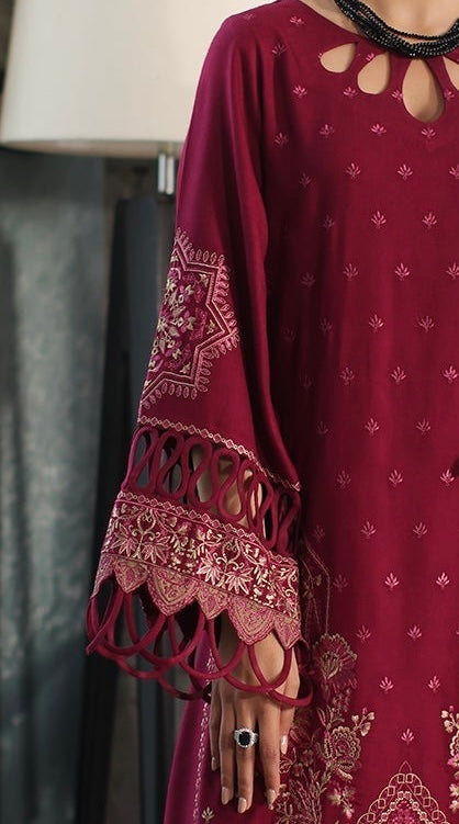 pose showing full-sleeve embroidered design