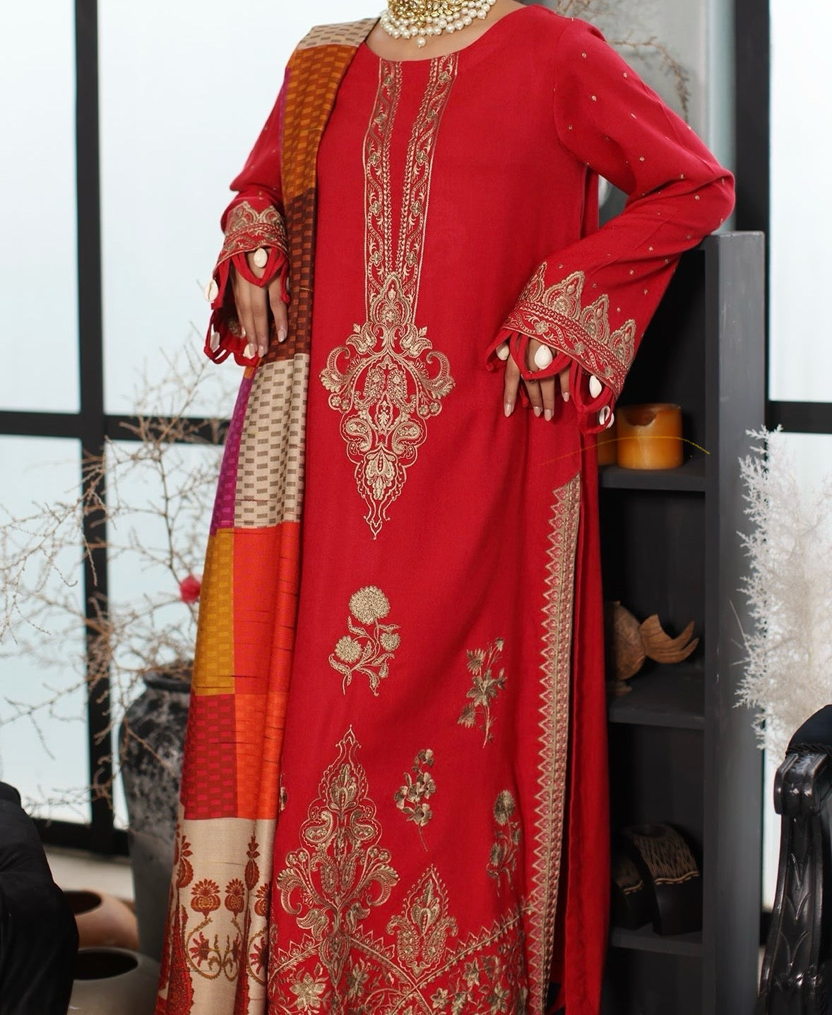 Front view of red embroidered leather 3-piece suit with printed wool shawl – Marina Mystique Winter Collection