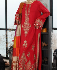 Front view of red embroidered leather 3-piece suit with printed wool shawl – Marina Mystique Winter Collection