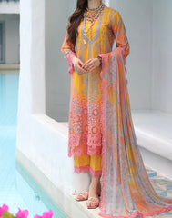 A woman wearing a light orange pink ombre embroidered lawn 3-piece suit with a chiffon dupatta.